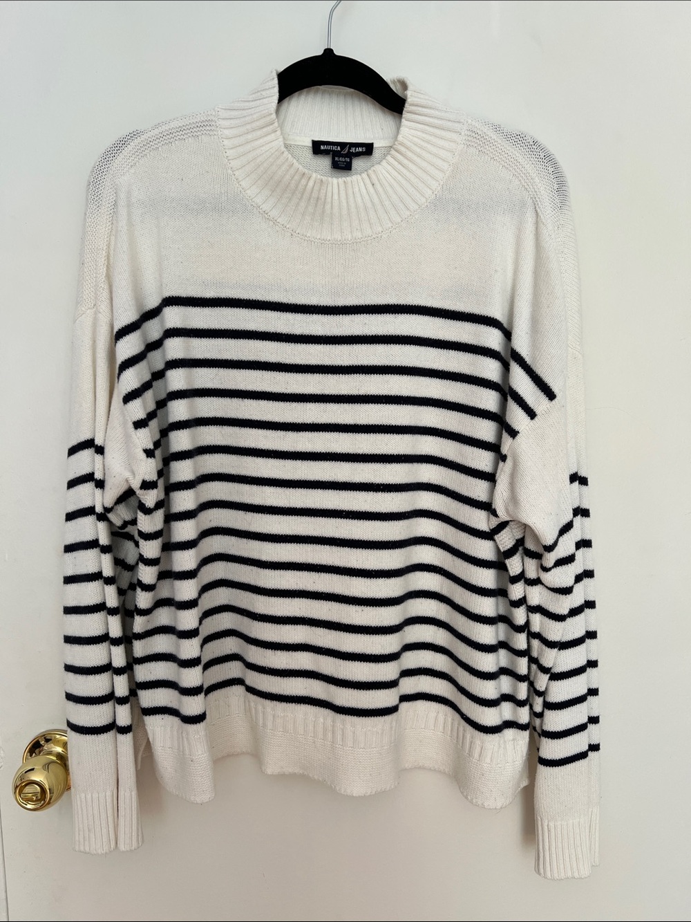Nautica White and Black Striped Crewneck Sweater